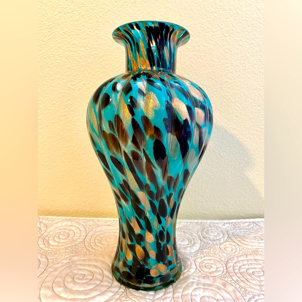 Hand Blown Glass vase Turquoise blue w/purple and gold (sparkle) accents